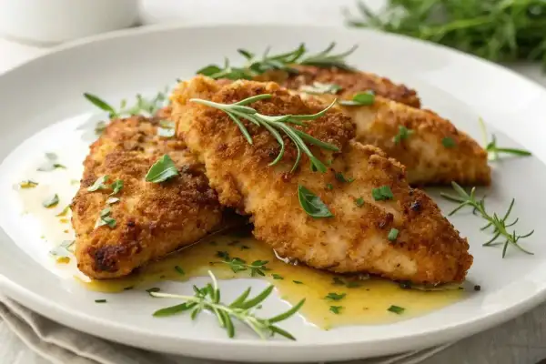 Trois aiguillettes de poulet au four, dorées et croustillantes, nappées d'une sauce légère et garnies de romarin frais. Un délice simple et savoureux.