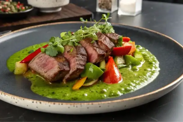 Un plat de onglet de veau tranché, servi avec des légumes colorés et une sauce verte vibrante sur une assiette sombre.