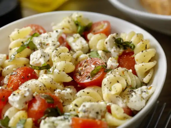 Salade de pâtes froides avec tomates cerises, mozzarella et basilic, assaisonnée d'une vinaigrette légère. Un délice estival.