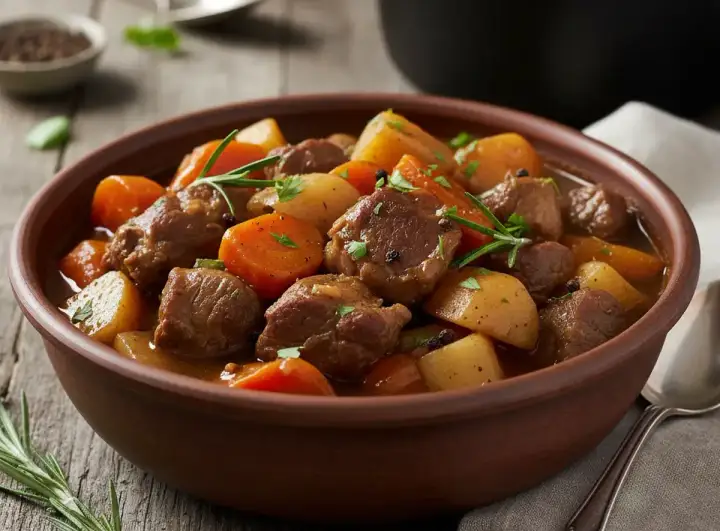 Un réconfortant ragoût d'agneau façon grand-mère, mijoté avec des carottes et des pommes de terre, garni de romarin frais.